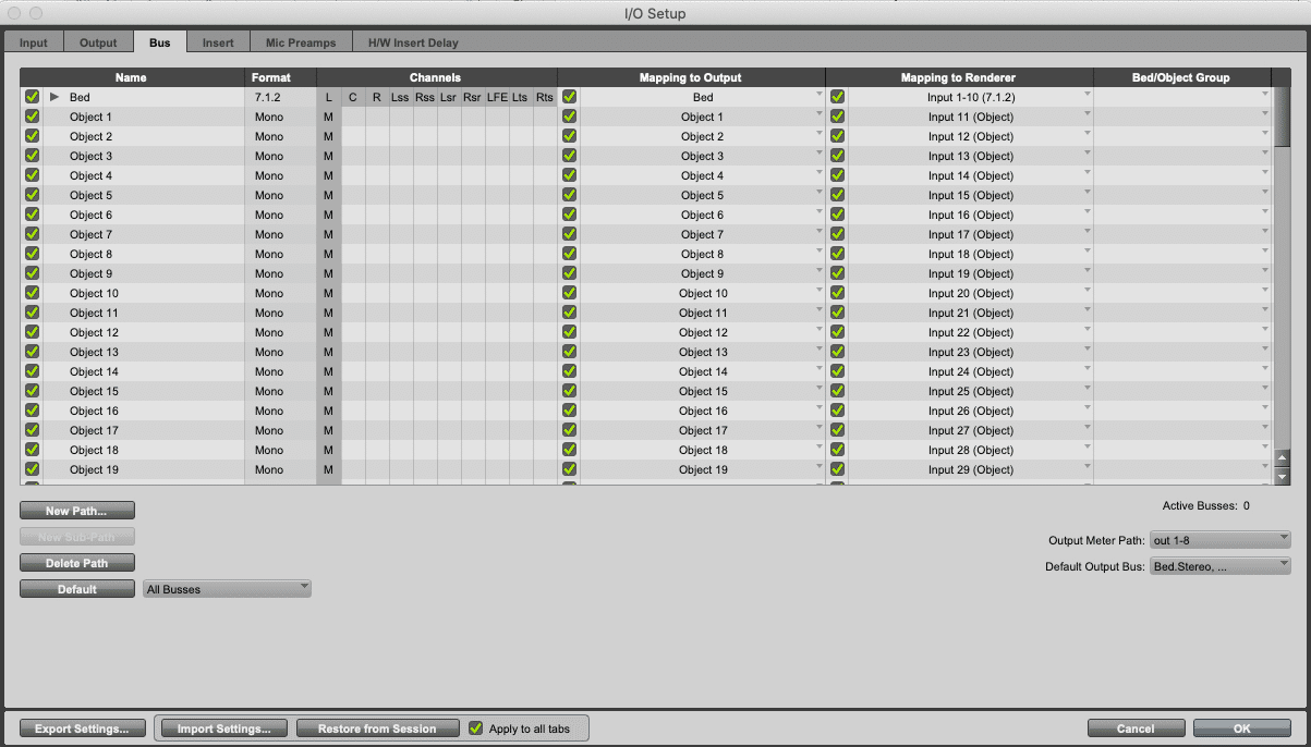 Setup of the Bus tab