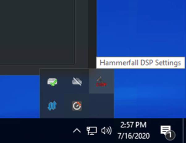 Hammerfall DSP Settings in the Windows 10 taskbar