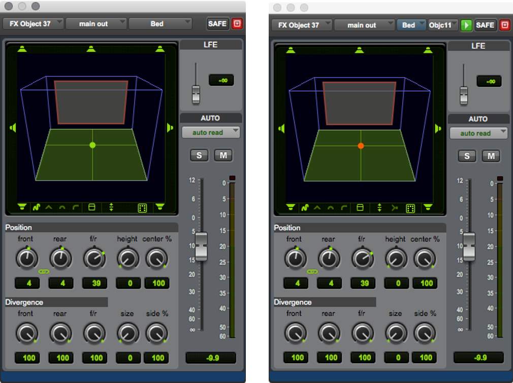 Output windows for a mono track assigned to a 7.1.2 bus (left) and an Object (right)